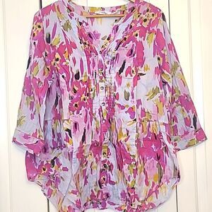 Indigo Great Northwest Cotton blue pink floral 3/4 sleeve Top Blouse Size 1X